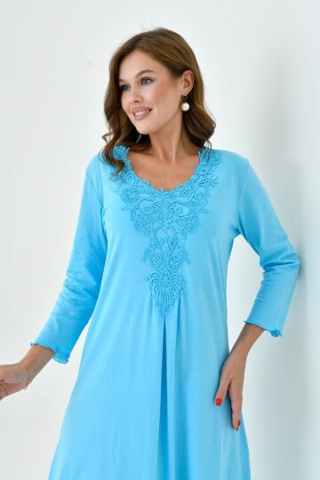 Kadın Yakası Güpürlü A Kesim Yarım Kol Viskon Günlük Midi Boy Büyük Beden Elbise Gecelik