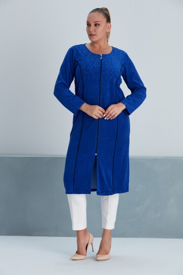 Kadın Yakası Taş Detay Fermuarlı Büyük Beden Curve Ev Plaj Midi Havlu Elbisesi