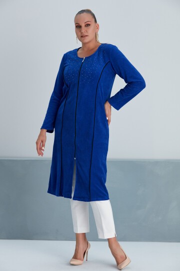 Kadın Yakası Taş Detay Fermuarlı Büyük Beden Curve Ev Plaj Midi Havlu Elbisesi