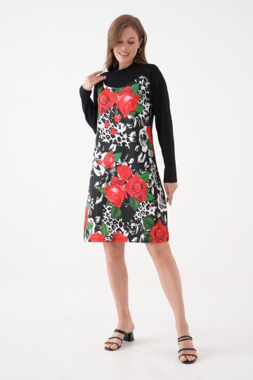 Kadın Yarım Balıkçı Uzun Kol Çiçek Desen Viskon Şık Tesettüre Uygun Tunik Curve Büyük Beden Elbise