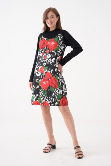 Kadın Yarım Balıkçı Uzun Kol Çiçek Desen Viskon Şık Tesettüre Uygun Tunik Curve Büyük Beden Elbise