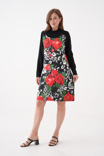 Kadın Yarım Balıkçı Uzun Kol Çiçek Desen Viskon Şık Tesettüre Uygun Tunik Curve Büyük Beden Elbise