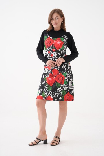 Kadın Yarım Balıkçı Uzun Kol Çiçek Desen Viskon Şık Tesettüre Uygun Tunik Curve Büyük Beden Elbise