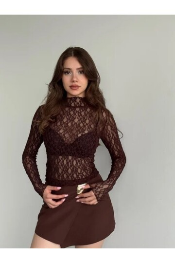 Kadın Yarım Balıkçı Yaka Full Esnek Dantel Bürümcük Spor Şık Tasarım Gece Bluzu