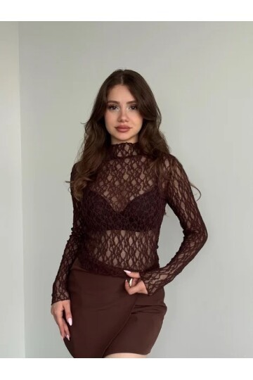 Kadın Yarım Balıkçı Yaka Full Esnek Dantel Bürümcük Spor Şık Tasarım Gece Bluzu