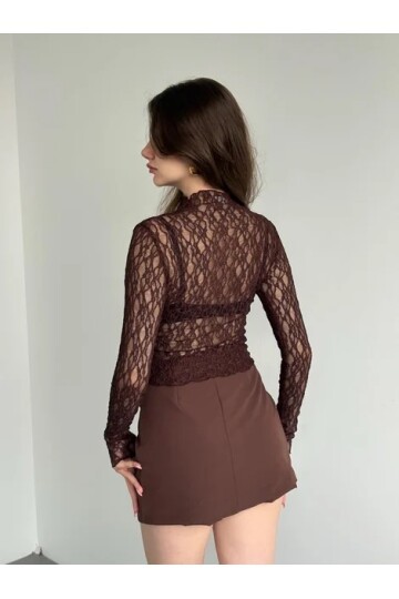 Kadın Yarım Balıkçı Yaka Full Esnek Dantel Bürümcük Spor Şık Tasarım Gece Bluzu