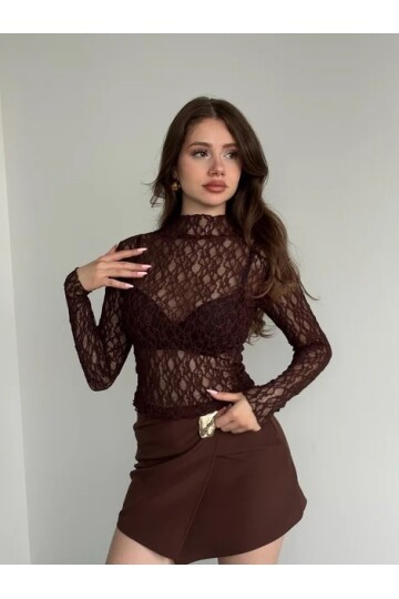 Kadın Yarım Balıkçı Yaka Full Esnek Dantel Bürümcük Spor Şık Tasarım Gece Bluzu