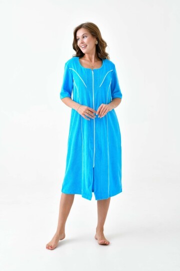 Kadın Yarım Kısa Kol Fermuarlı U Yaka Rahat Kalıp Büyük Beden Curve Ev Plaj Midi Havlu Elbise