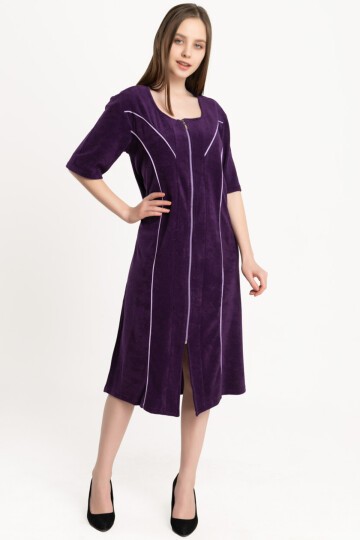 Kadın Yarım Kısa Kol Fermuarlı U Yaka Rahat Kalıp Büyük Beden Curve Ev Plaj Midi Havlu Elbise