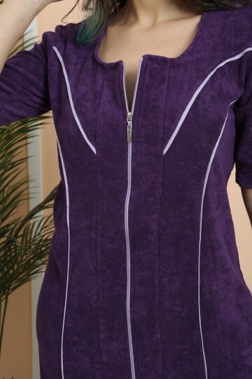 Kadın Yarım Kısa Kol Fermuarlı U Yaka Rahat Kalıp Büyük Beden Curve Ev Plaj Midi Havlu Elbise