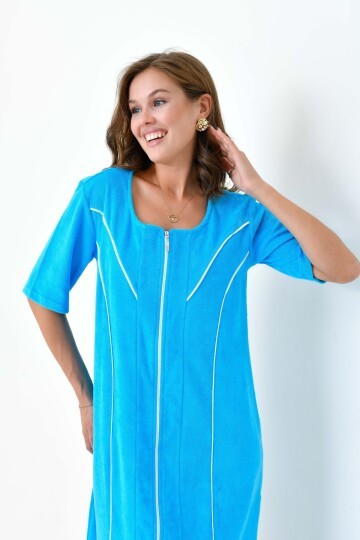 Kadın Yarım Kısa Kol Fermuarlı U Yaka Rahat Kalıp Büyük Beden Curve Ev Plaj Midi Havlu Elbise