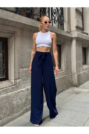 Kadın Yüksek Bel Kuşaklı %100 Viscose Pamuk Geniş Paça Şık Casual Büyük Beden Curve Pantolon