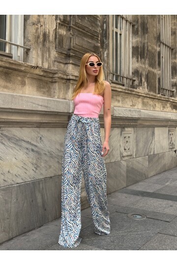 Kadın Yüksek Bel Kuşaklı Desenli %100 Viscose Pamuk Geniş Paça Şık Casual Büyük Beden Curve Pantolon