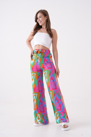 Kadın Yüksek Bel Kuşaklı Desenli %100 Viscose Pamuk Geniş Paça Şık Casual Büyük Beden Curve Pantolon