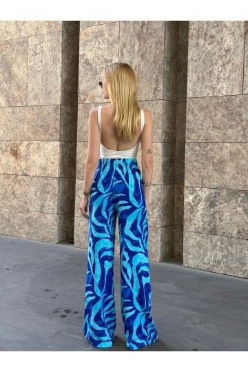 Kadın Yüksek Bel Kuşaklı Desenli %100 Viscose Pamuk Geniş Paça Şık Casual Büyük Beden Curve Pantolon