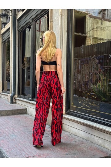 Kadın Yüksek Bel Kuşaklı Desenli %100 Viscose Pamuk Geniş Paça Şık Casual Büyük Beden Curve Pantolon