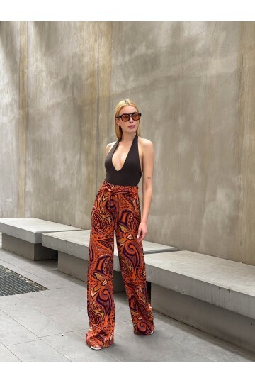 Kadın Yüksek Bel Kuşaklı Desenli %100 Viscose Pamuk Geniş Paça Şık Casual Büyük Beden Curve Pantolon