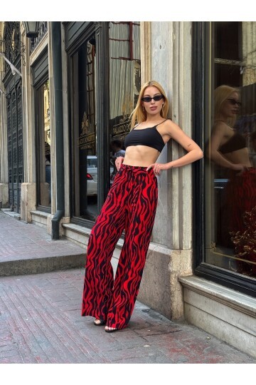 Kadın Yüksek Bel Kuşaklı Desenli %100 Viscose Pamuk Geniş Paça Şık Casual Büyük Beden Curve Pantolon