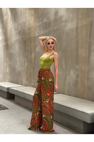 Kadın Yüksek Bel Kuşaklı Desenli %100 Viscose Pamuk Geniş Paça Şık Casual Büyük Beden Curve Pantolon