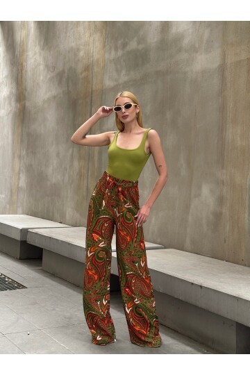 Kadın Yüksek Bel Kuşaklı Desenli %100 Viscose Pamuk Geniş Paça Şık Casual Büyük Beden Curve Pantolon