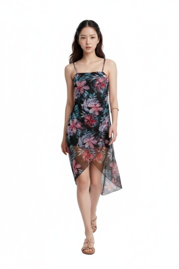 Kadın Askılı Asimetrik Etek Çiçek Desenli Belden Büzgülü Yazlık Şık Tasarım Elbise