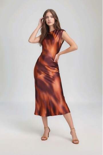 Kadın Ay Kol Bisiklet Yaka Asimetrik Etek Saten Şık Midi Gece Elbisesi