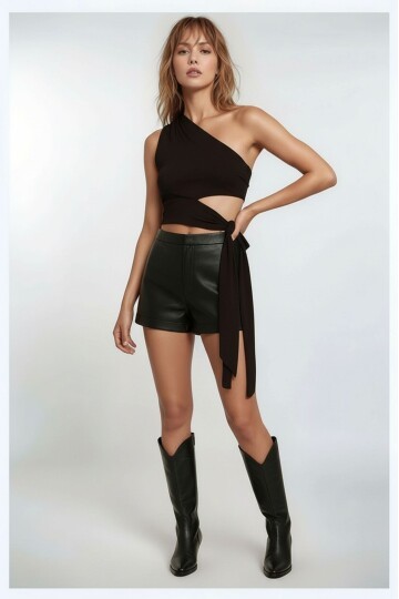 Kadın Belden Bağlama Detay Tek Kol Omzu Açık Spor Şık Rahat Kalıp Croptop Bluz