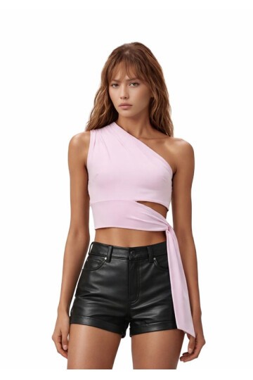 Kadın Belden Bağlama Detay Tek Kol Omzu Açık Spor Şık Rahat Kalıp Croptop Bluz