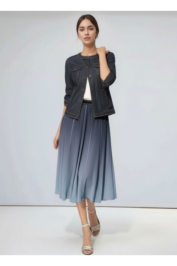 Kadın Beli Lastikli Simli Tül Midi Boy Curve Spor Şık Lacivert Etek