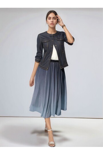 Kadın Beli Lastikli Simli Tül Midi Boy Curve Spor Şık Lacivert Etek