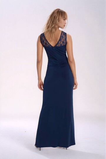 Kadın Bisiklet Dantel Yaka Sırtı Büzgülü Maxi Boy Şık Abiye Gece Elbisesi