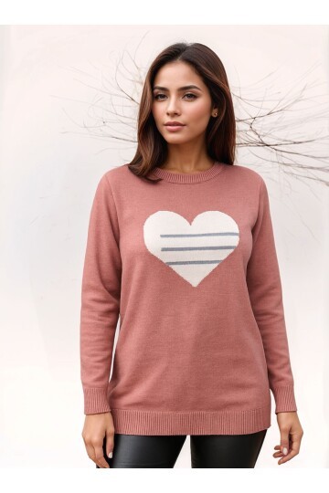 Kadın Bisiklet Yaka Uzun Kol Rahat Kalıp Büyük Beden Curve Kalpli Spor Şık Kazak