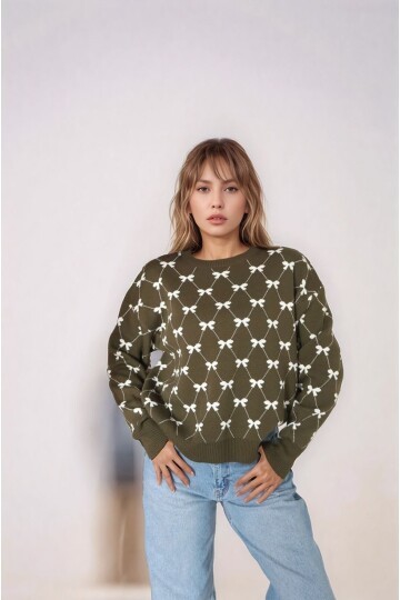 Kadın Bisiklet Yaka Basic Uzun Kol Yaka Kurdele Desenli Spor Şık Triko Kazak