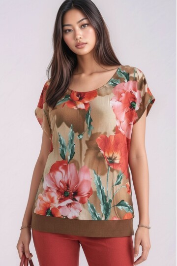 Kadın Bisiklet Yaka Çiçek Desenli Esnek Büyük Beden Geniş Kalıp Curve Viskon Bluz