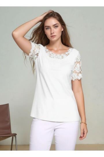 Kadın Bisiklet Yaka Dantel Yarım Kol Spor Şık Büyük Beden Curve Pamuk Bluz