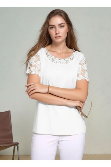 Kadın Bisiklet Yaka Dantel Yarım Kol Spor Şık Büyük Beden Curve Pamuk Bluz