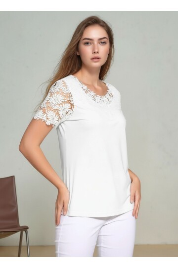 Kadın Bisiklet Yaka Dantel Yarım Kol Spor Şık Büyük Beden Curve Pamuk Bluz