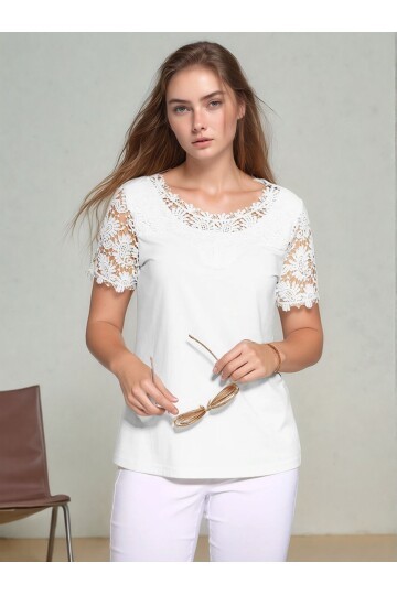 Kadın Bisiklet Yaka Dantel Yarım Kol Spor Şık Büyük Beden Curve Pamuk Bluz