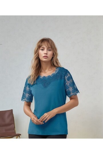 Kadın Bisiklet Yaka Dantel Yarım Kol Spor Şık Büyük Beden Curve Pamuk Bluz