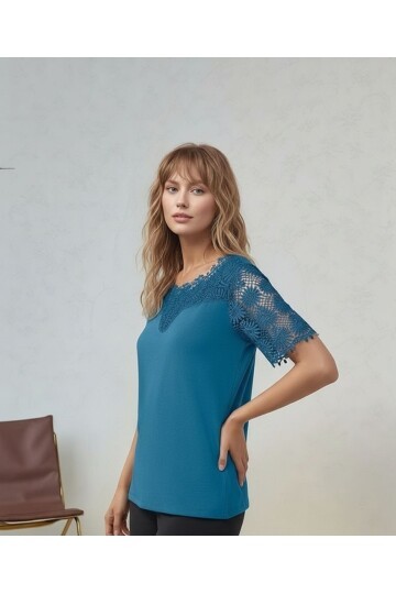 Kadın Bisiklet Yaka Dantel Yarım Kol Spor Şık Büyük Beden Curve Pamuk Bluz