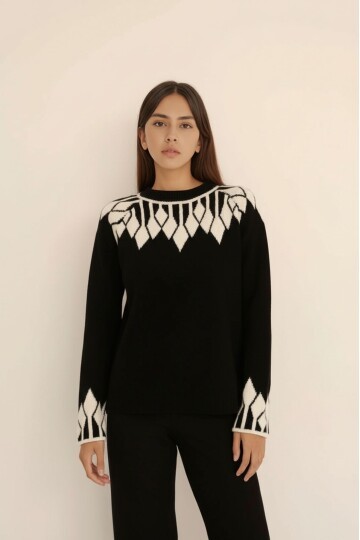 Kadın Bisiklet Yaka Desenli Uzun Kol Spor Şık Triko Kazak Tesettüre Uygun