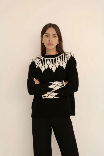 Kadın Bisiklet Yaka Desenli Uzun Kol Spor Şık Triko Kazak Tesettüre Uygun