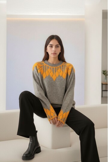 Kadın Bisiklet Yaka Desenli Uzun Kol Spor Şık Triko Kazak Tesettüre Uygun