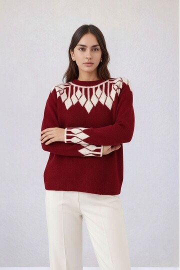 Kadın Bisiklet Yaka Desenli Uzun Kol Spor Şık Triko Kazak Tesettüre Uygun