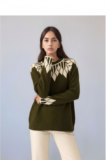 Kadın Bisiklet Yaka Desenli Uzun Kol Spor Şık Triko Kazak Tesettüre Uygun