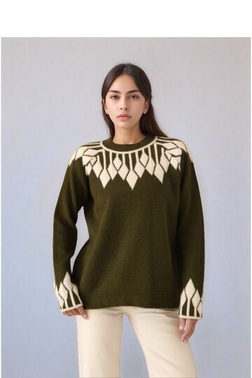 Kadın Bisiklet Yaka Desenli Uzun Kol Spor Şık Triko Kazak Tesettüre Uygun