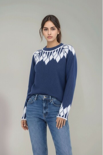 Kadın Bisiklet Yaka Desenli Uzun Kol Spor Şık Triko Kazak Tesettüre Uygun