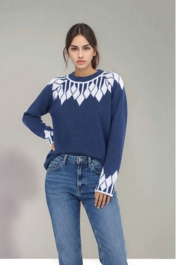 Kadın Bisiklet Yaka Desenli Uzun Kol Spor Şık Triko Kazak Tesettüre Uygun