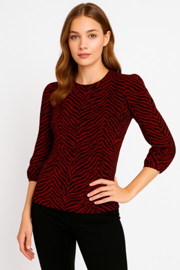 Kadın Bisiklet Yaka Esnek Desenli Spor Şık Truvakar Kol Bluz