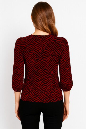 Kadın Bisiklet Yaka Esnek Desenli Spor Şık Truvakar Kol Bluz